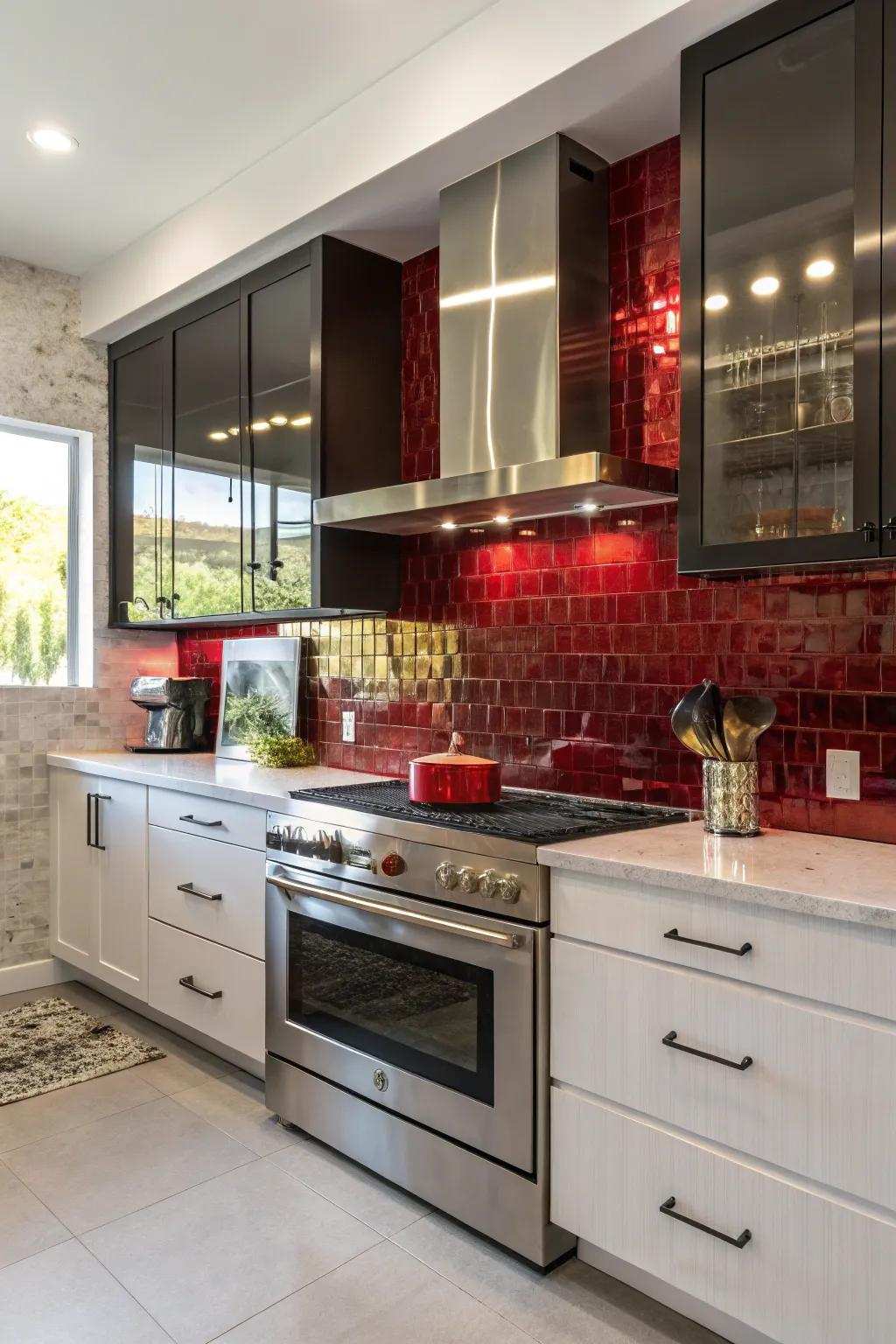 A statement splash area adds drama and reflects light in a windowless kitchen.