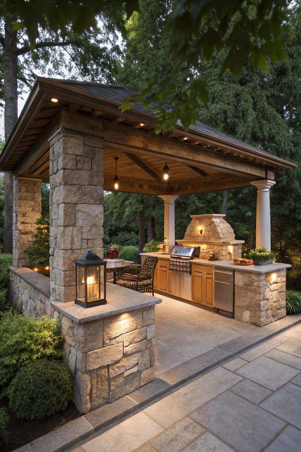 A stone gazebo ensures robustness and traditional charm for your outdoor cooking area.