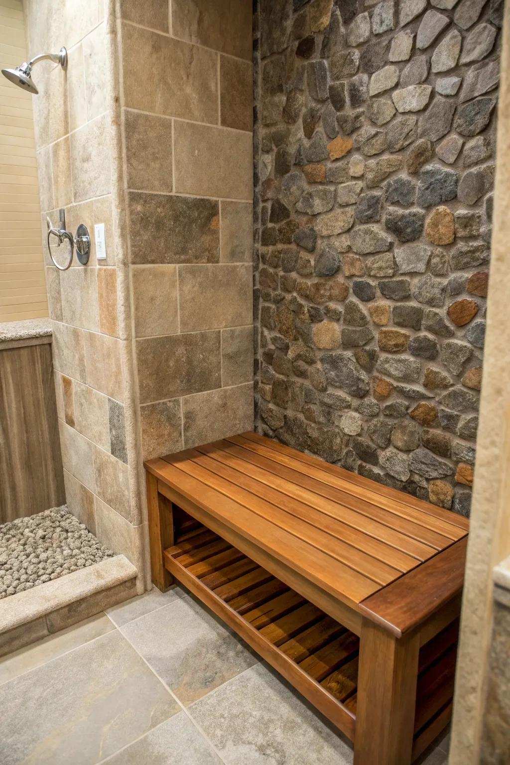 A stone plus wood fusion bench adds warmth and character to the walk-in shower.