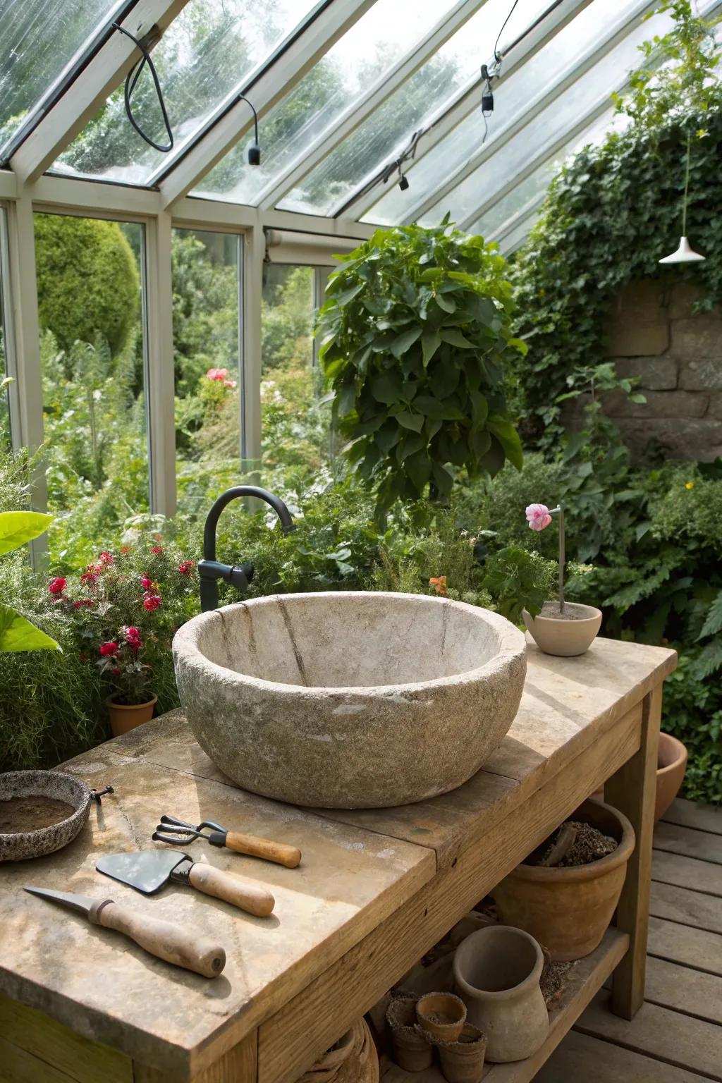 A stone sink radiating elegance and blending with the natural landscape.