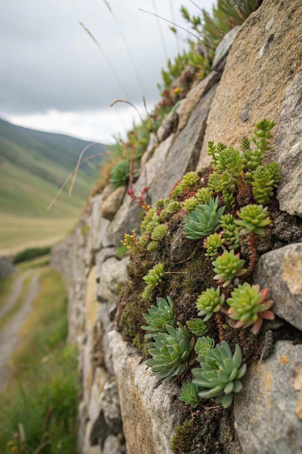 A stone wall that is also a place to plant thick-leaved plants.
