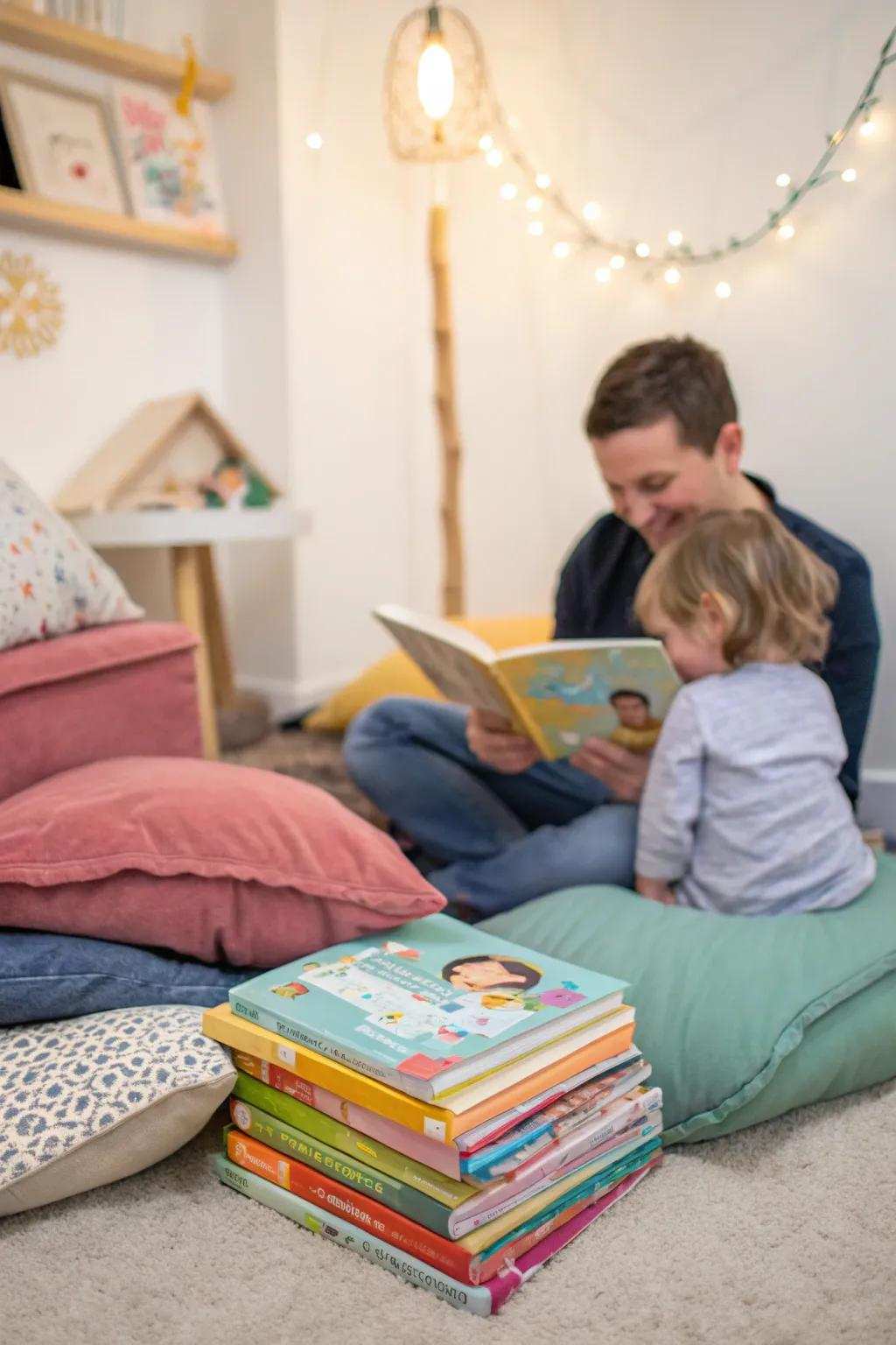A storytime corner offering a quiet retreat for toddlers during the celebration.