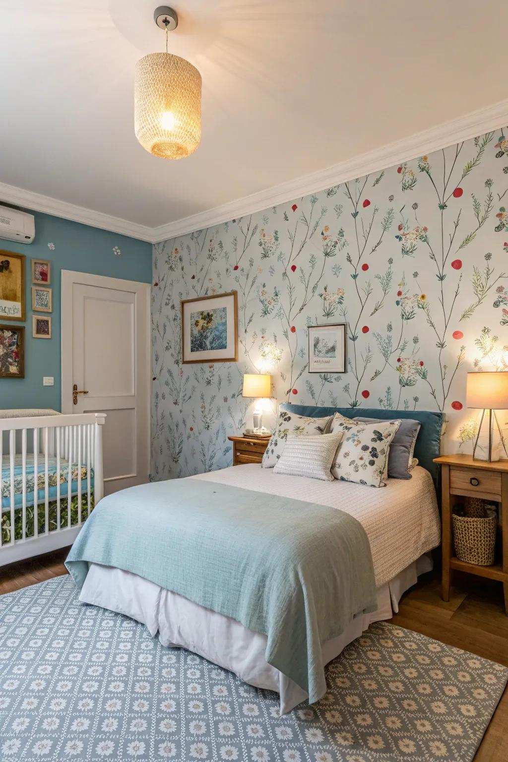 A striking accent wall introduces personality to a serene azure bedroom.
