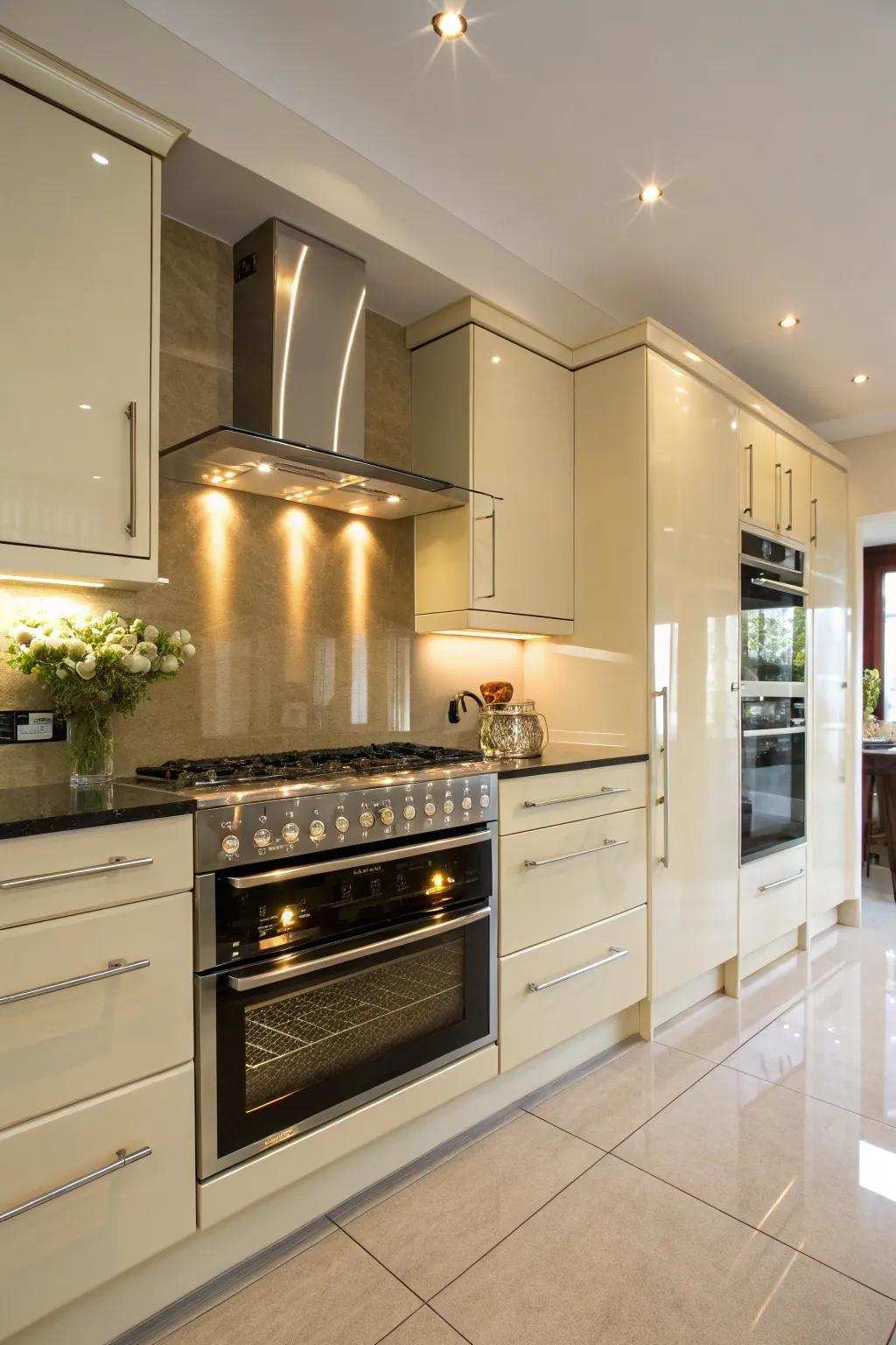 A striking appliance becoming a focal point in a cream gloss kitchen.