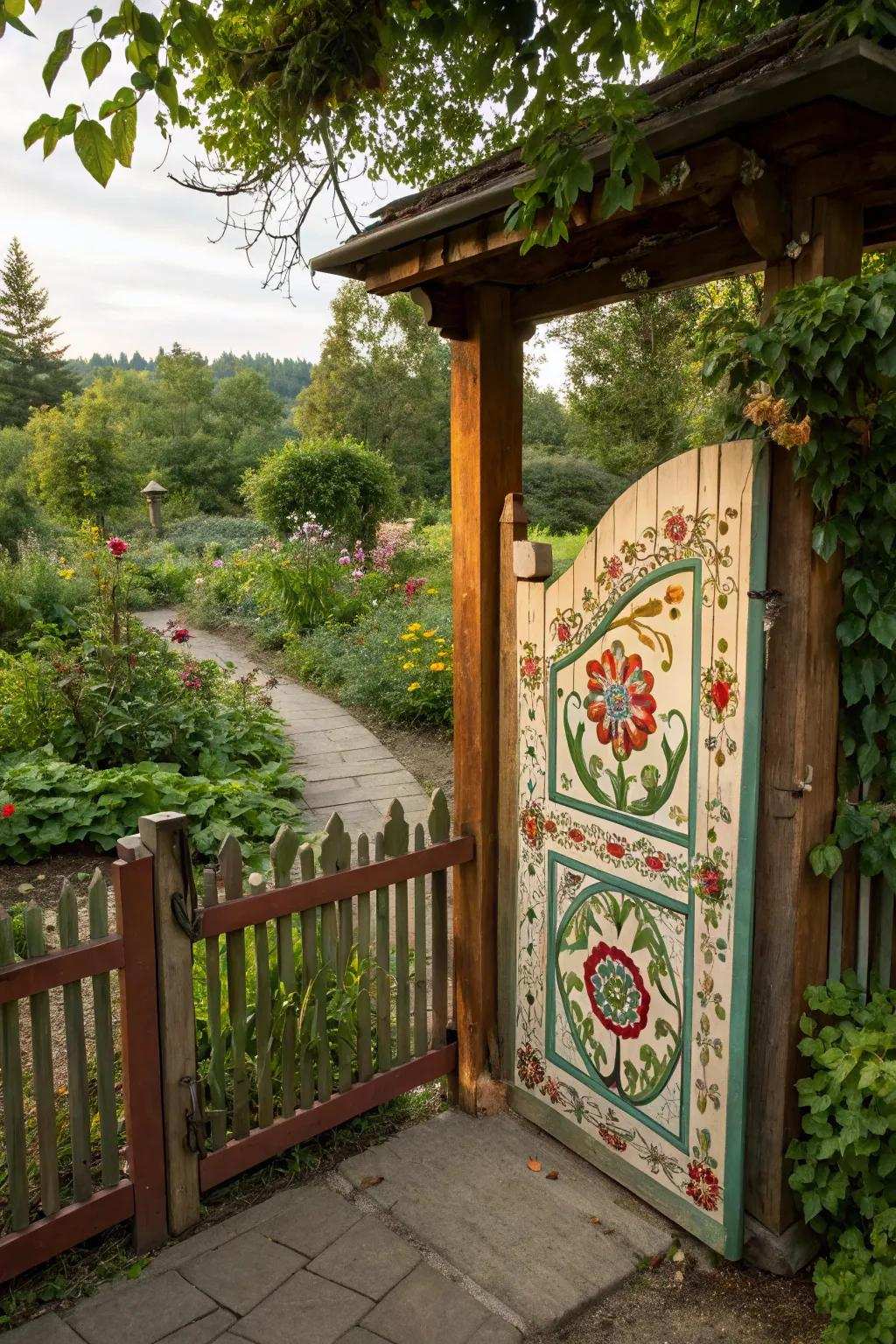 A striking garden gate becomes a focal point in fence layout.