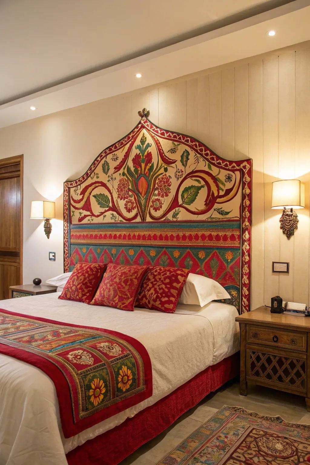 A striking headboard secures the room's design.