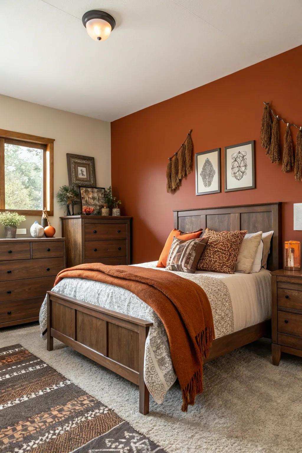 A striking reddish-brown feature wall, beautifully complemented by furniture in rich chocolate tones.