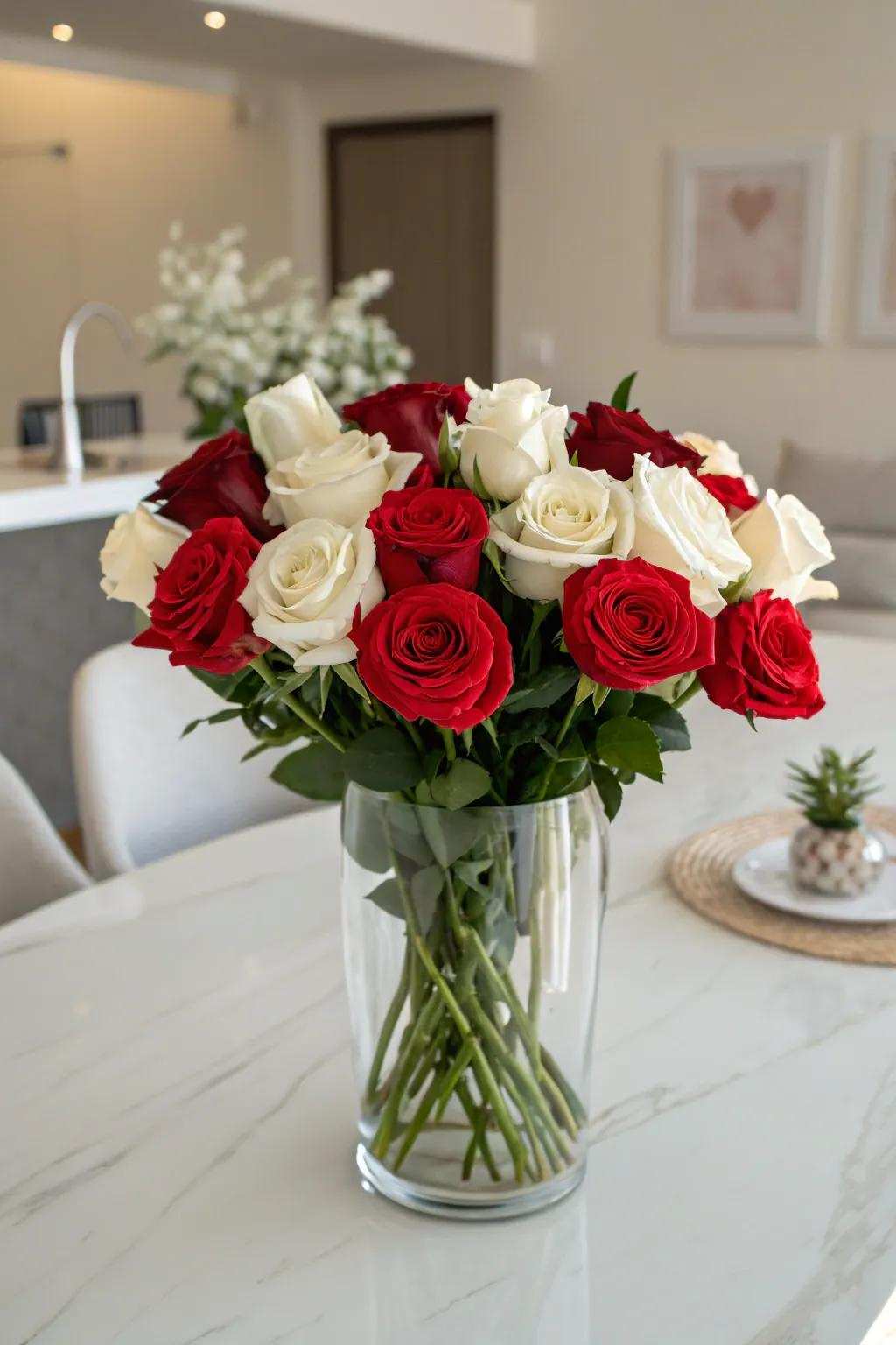 A striking two-tone bouquet featuring red and white roses.