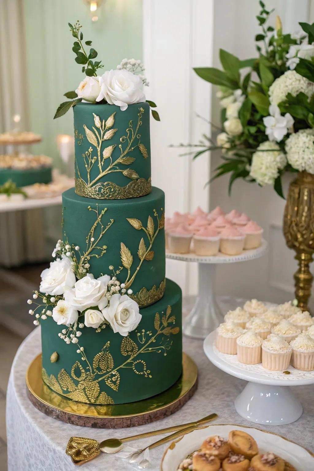 A stunning emerald green wedding cake with gold accents.