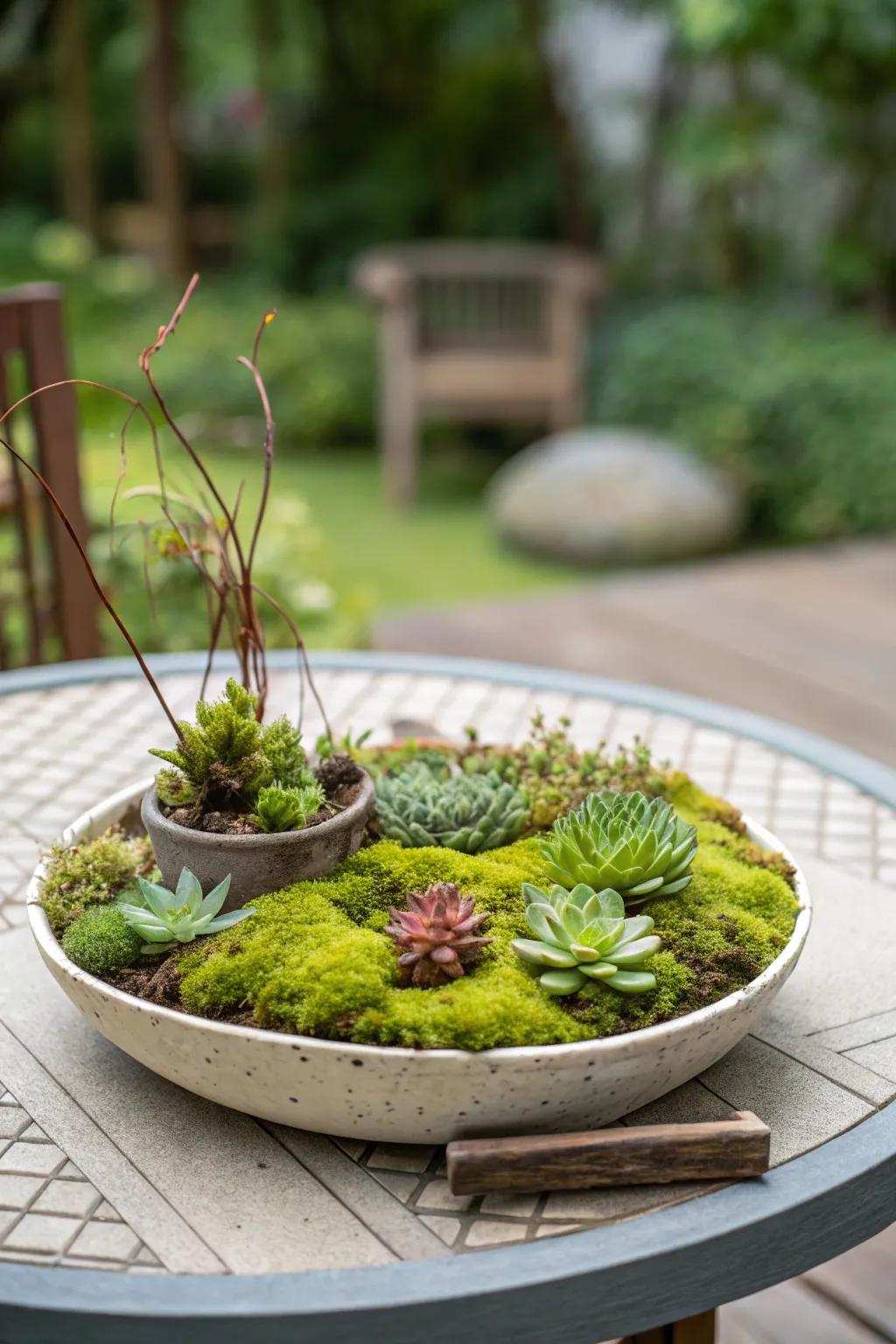 A stunning moss and fat plant duo in a shallow dish.