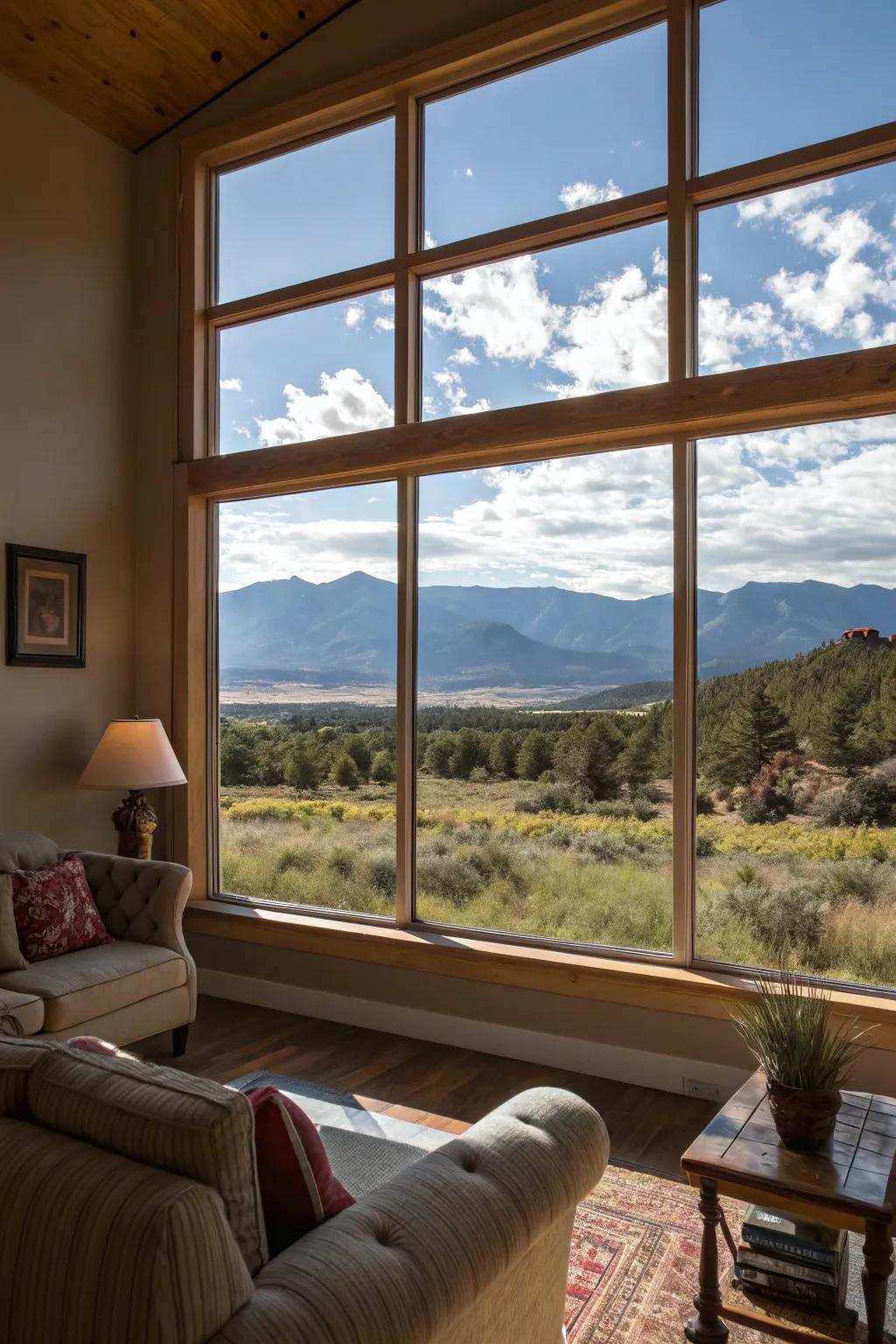 A stunning panorama presented through an oversized picture window in a contemporary living area.
