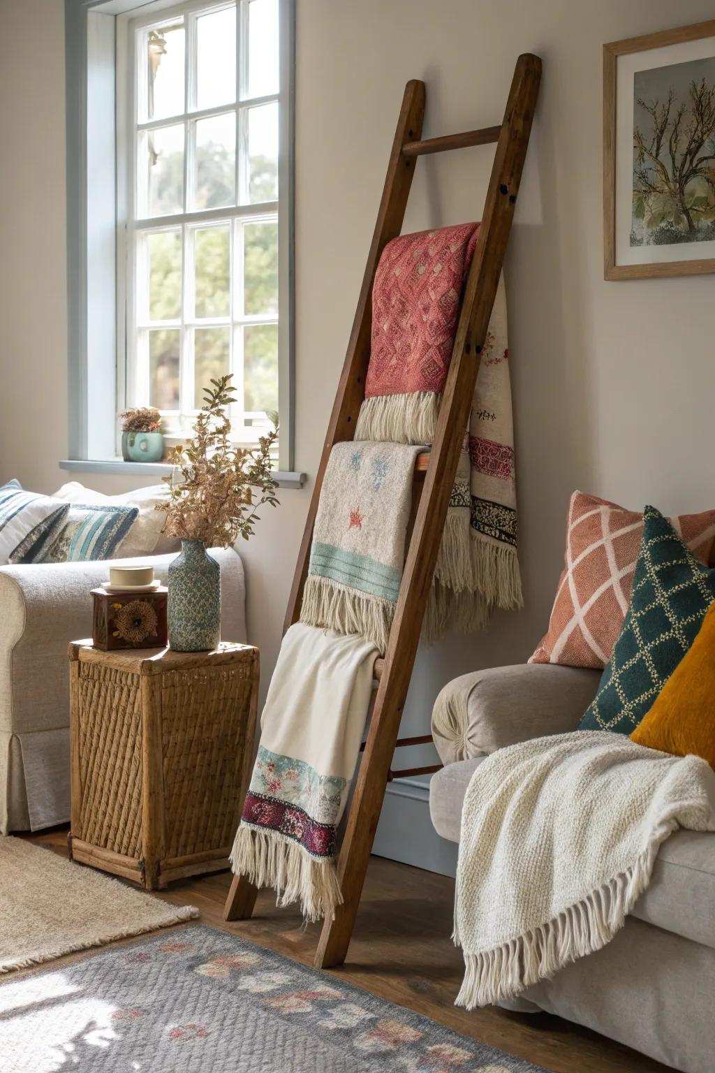 A stylish ladder introduces height and texture.