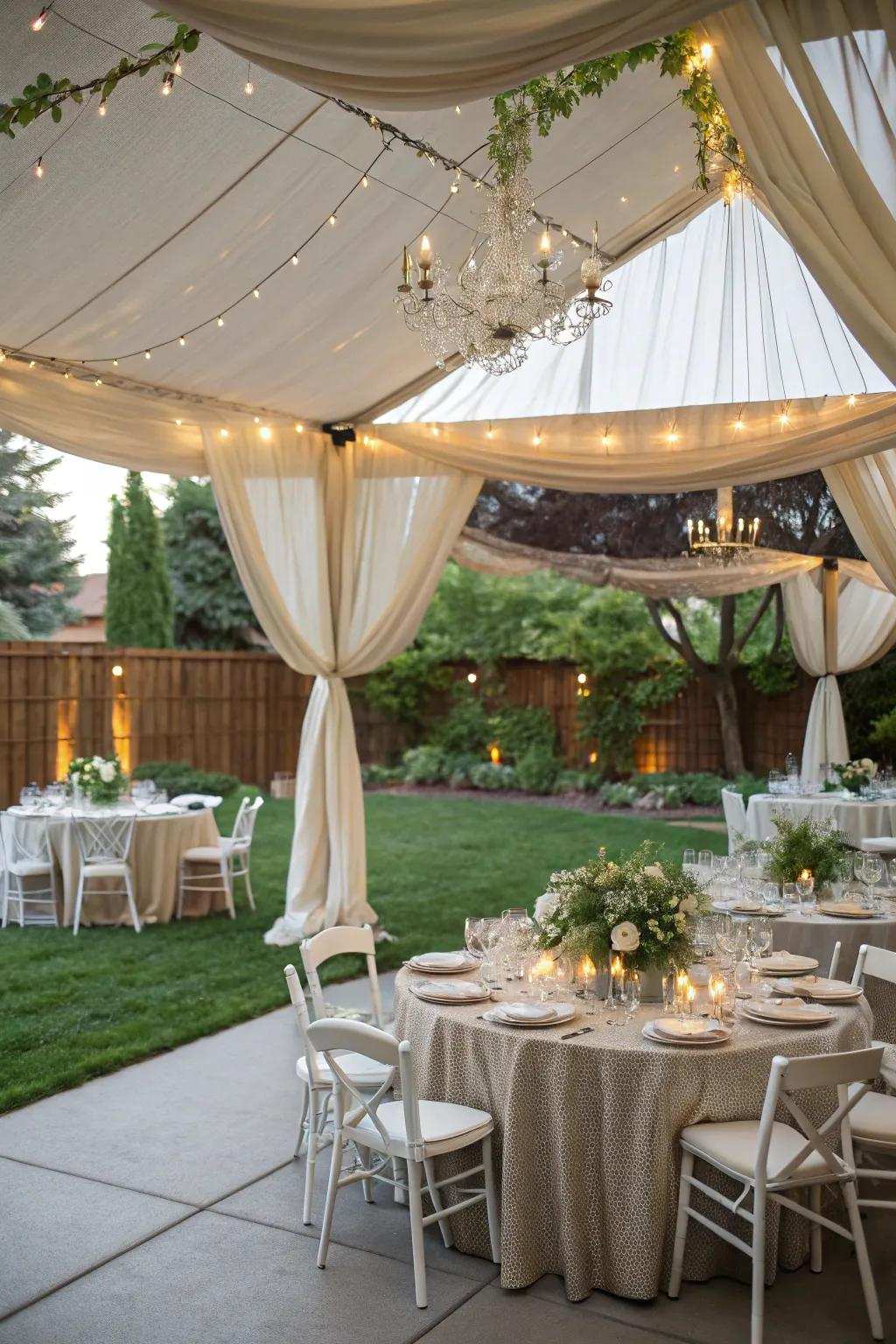 A stylish tent pavilion delivers shade and elegance to the wedding design.