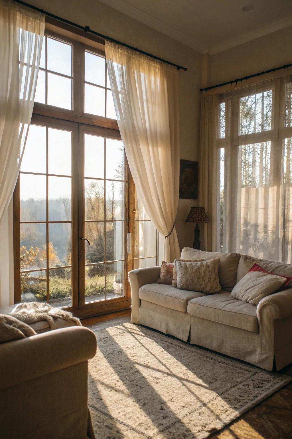 A sun-drenched room featuring lightweight panels highlighting sunlight.