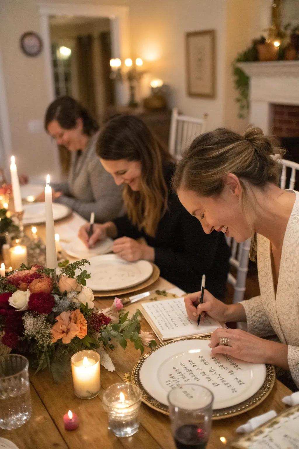 A supper gathering showcasing guests inscribing on plates, exchanging an intimate encounter.