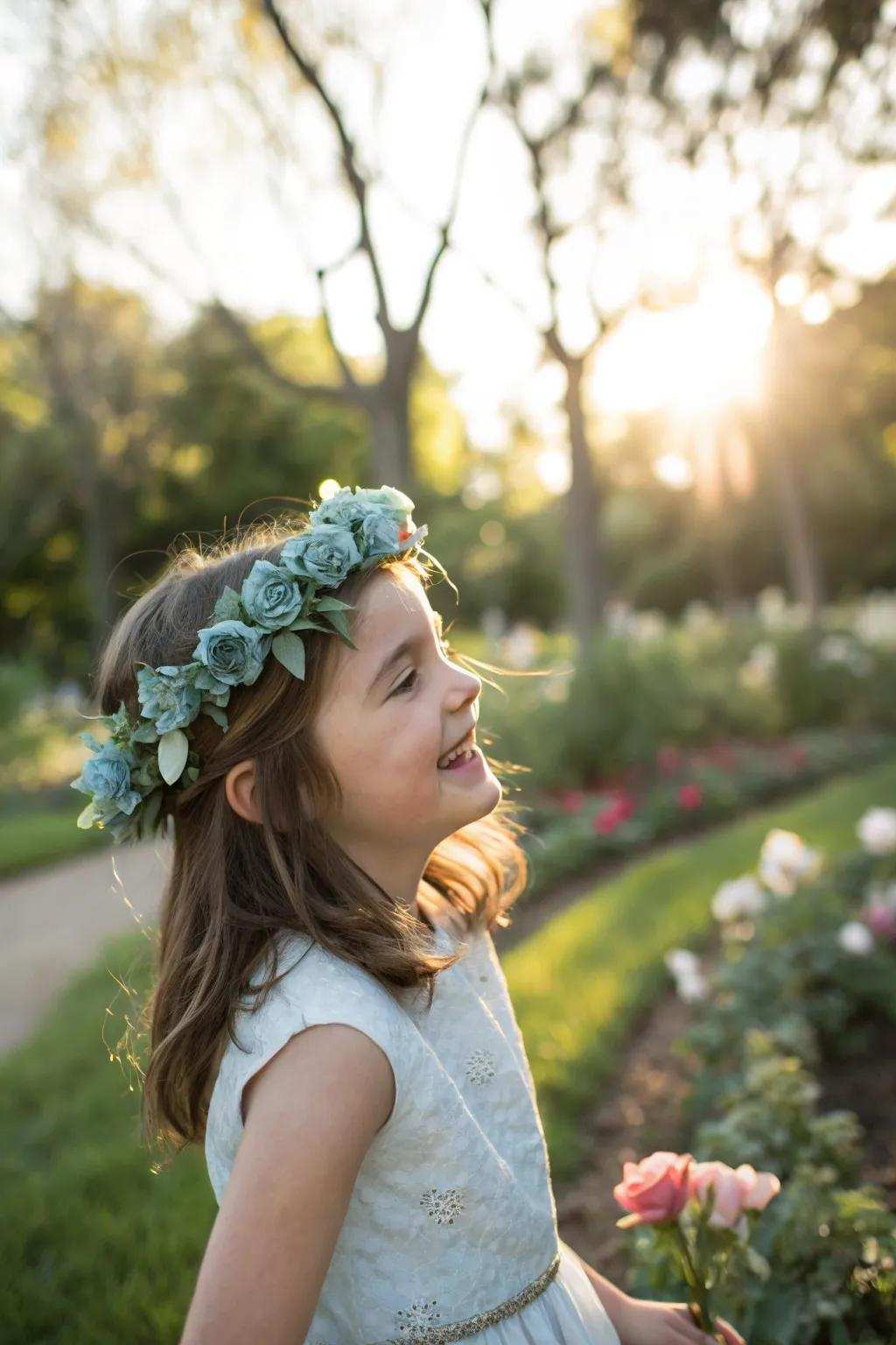 A sweet floral circlet in hazy azure, impeccable for injecting whimsy into the wedding entourage.