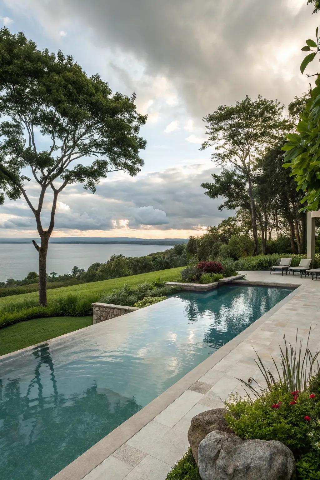 A swimming pool featuring a gradual incline, facilitating effortless and elegant access.