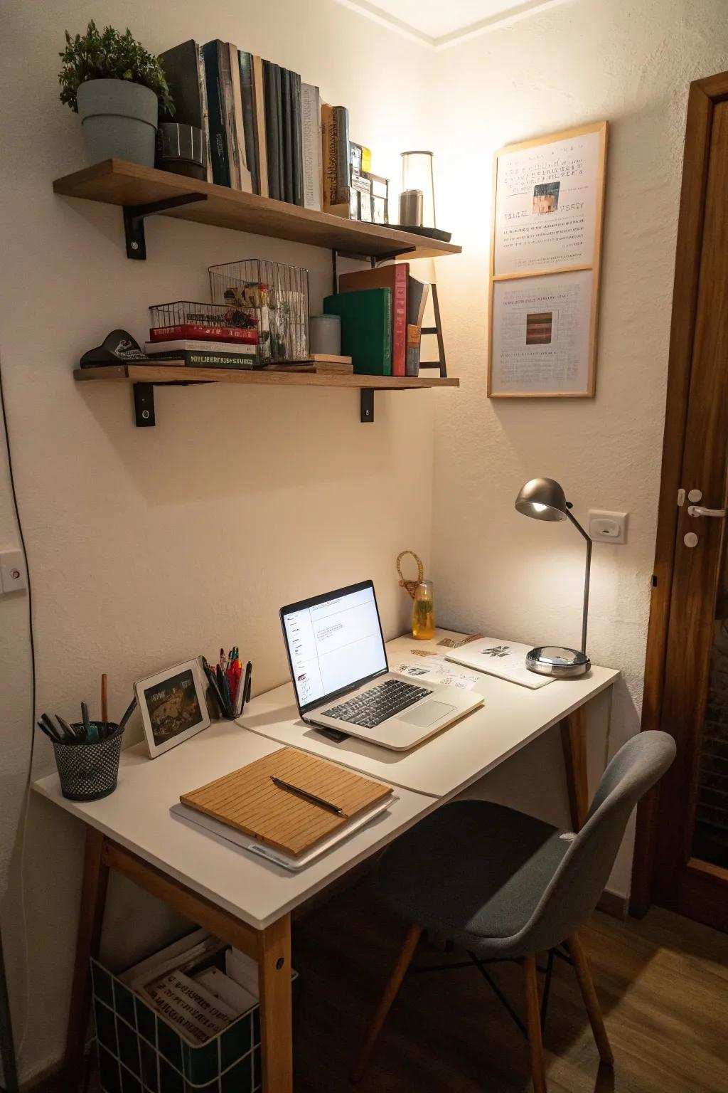 A table attached to the wall saves space and offers functionality.