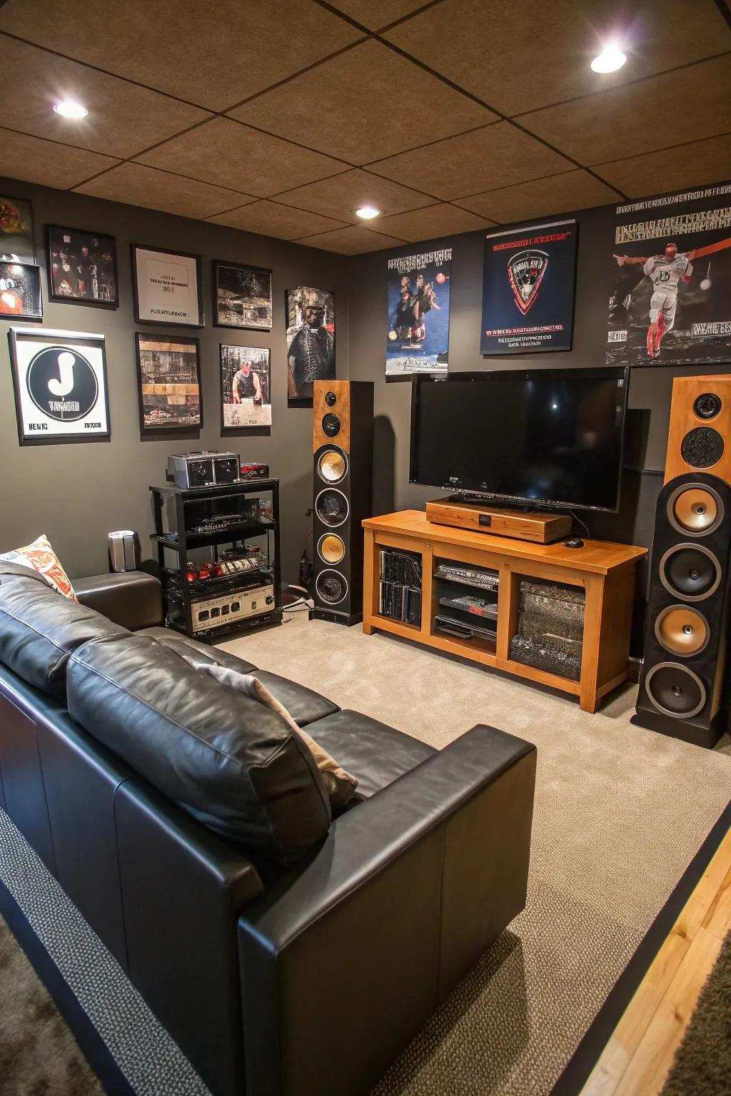 A tailored audio setup creates an immersive atmosphere in this man cave.