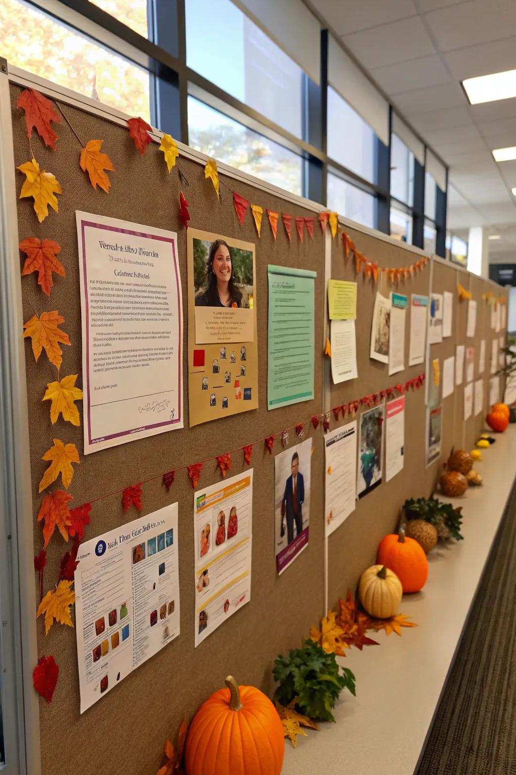 A team member recognition board celebrating individual achievements with fall decorations.