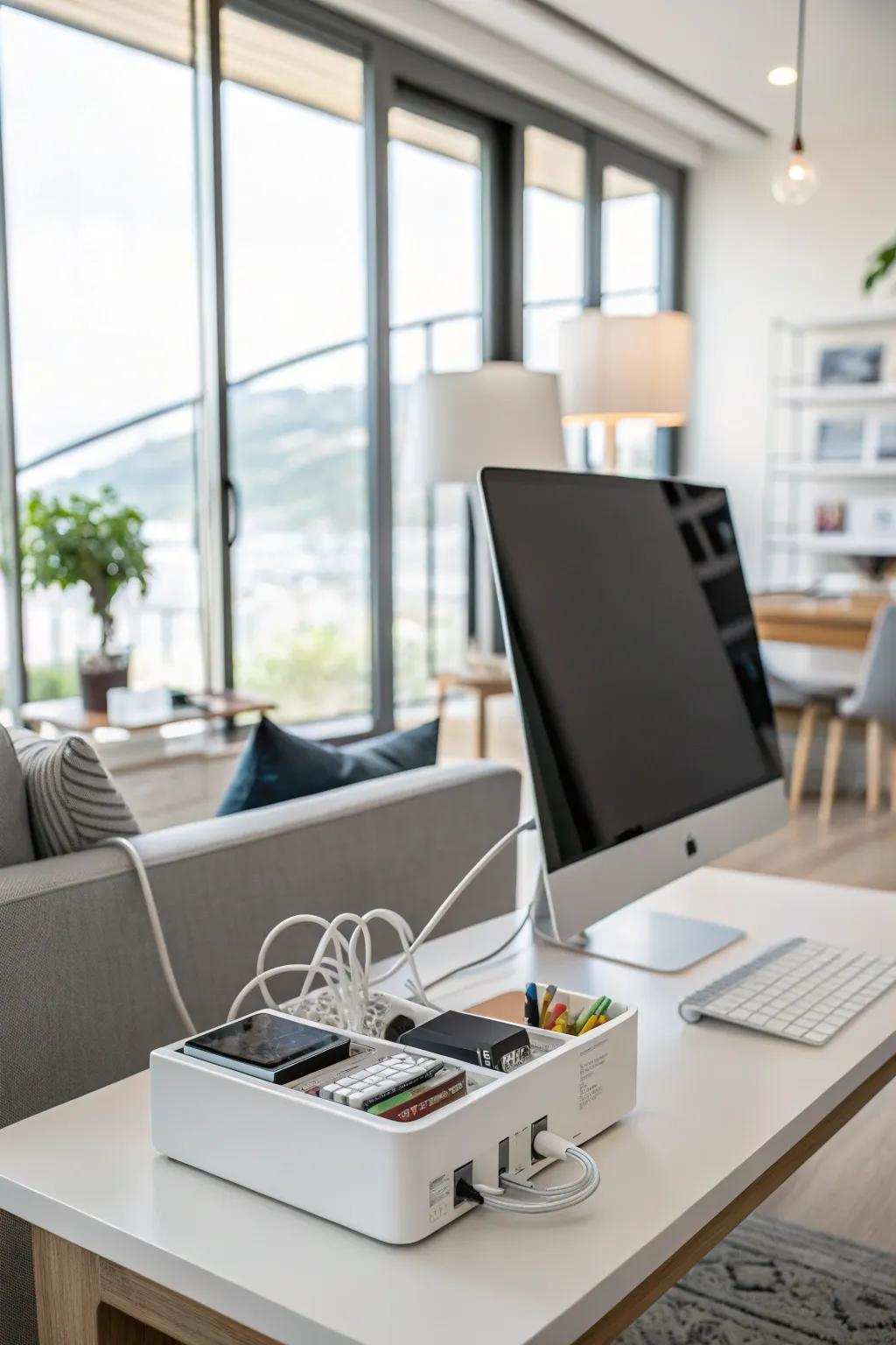 A tech-friendly design keeps the workspace clean and useful.