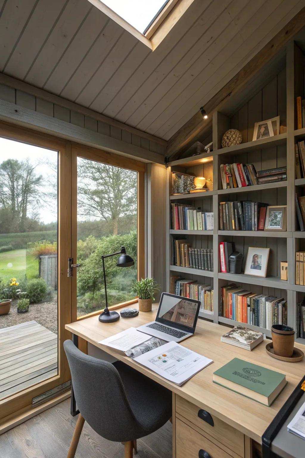 A technology-enhanced writing shed providing modern conveniences.