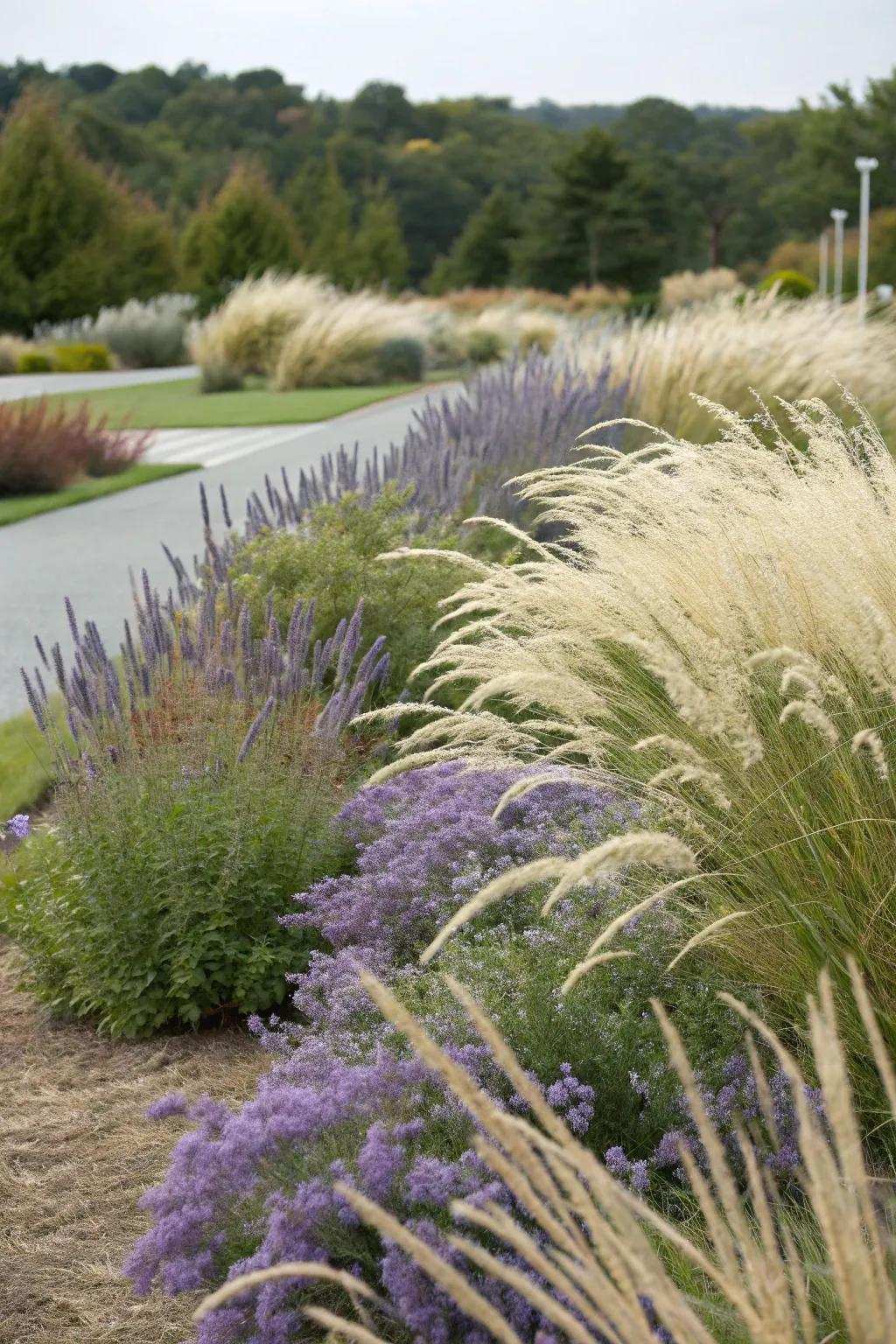 A textural garden escape displaying Azure blooms and decorative herbs swaying in the breeze.
