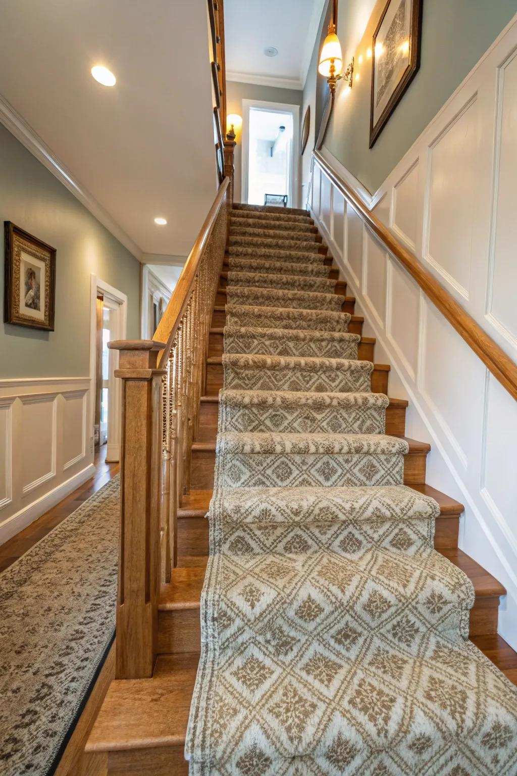 A textured carpet runner adds warmth and design to the stairway.