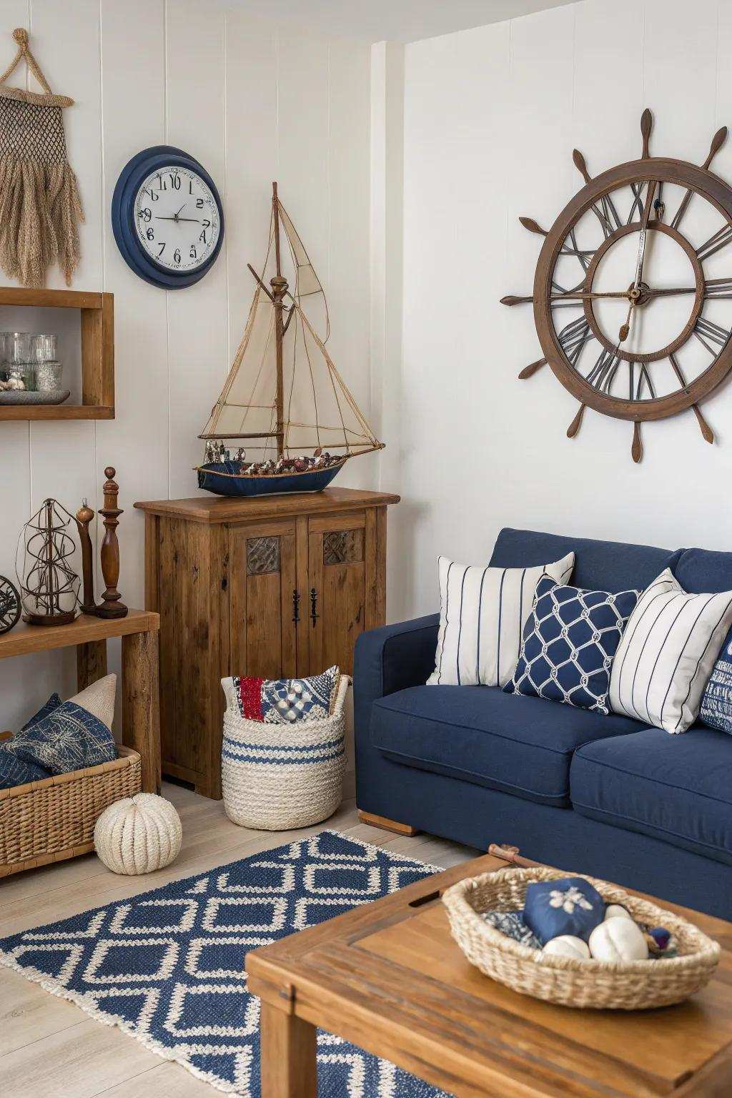 A theme-based decor with a wall clock designs a cohesive and inviting look.