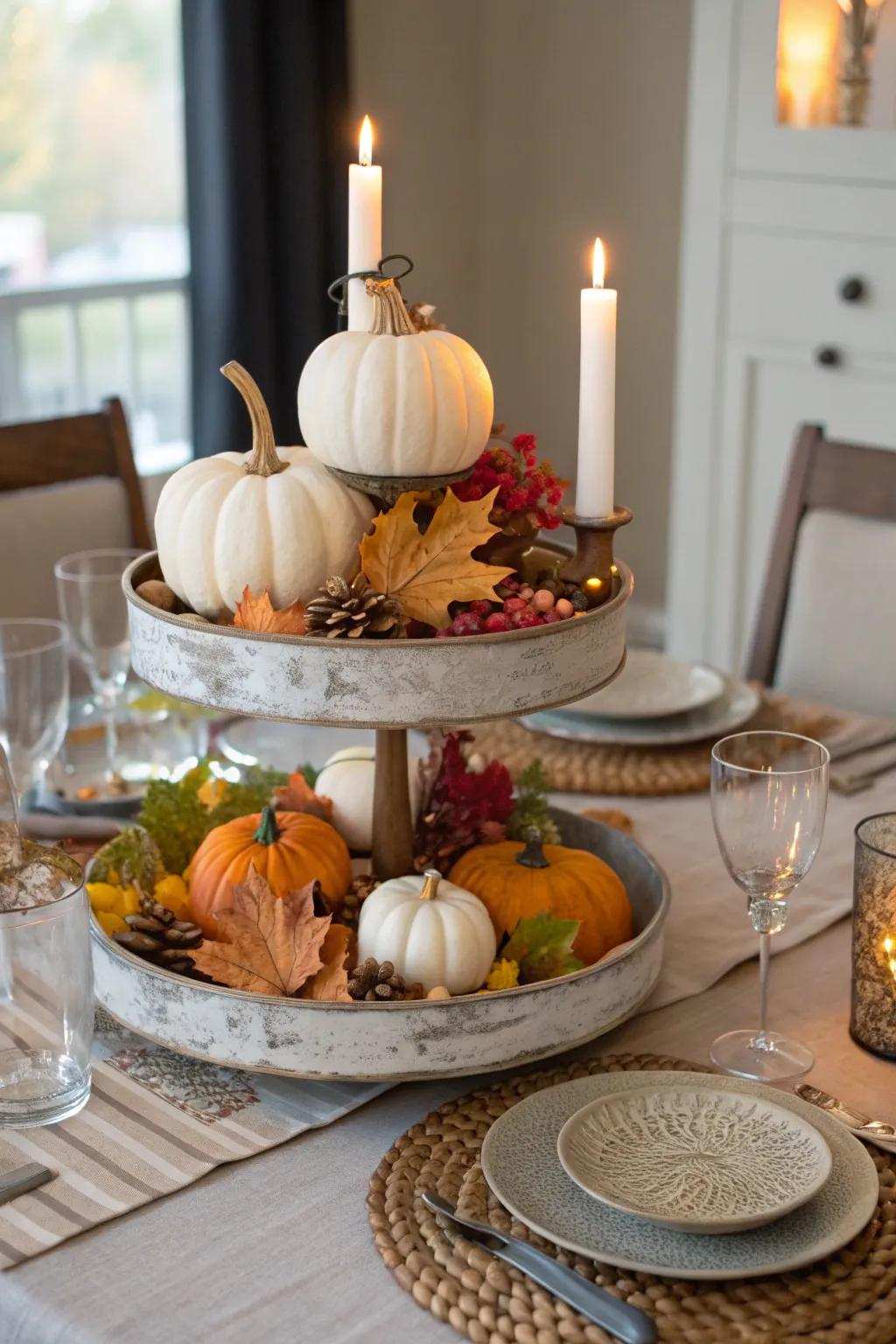 A tiered display offers height and an engaging aesthetic, perfect for seasonal exhibits.