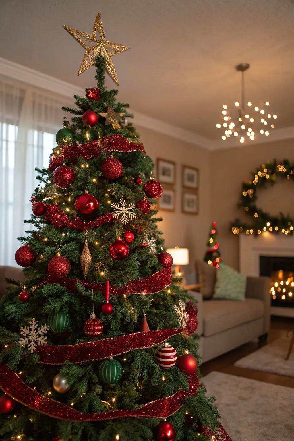 A timeless Christmas tree showcasing the iconic charm of red and green decorations.