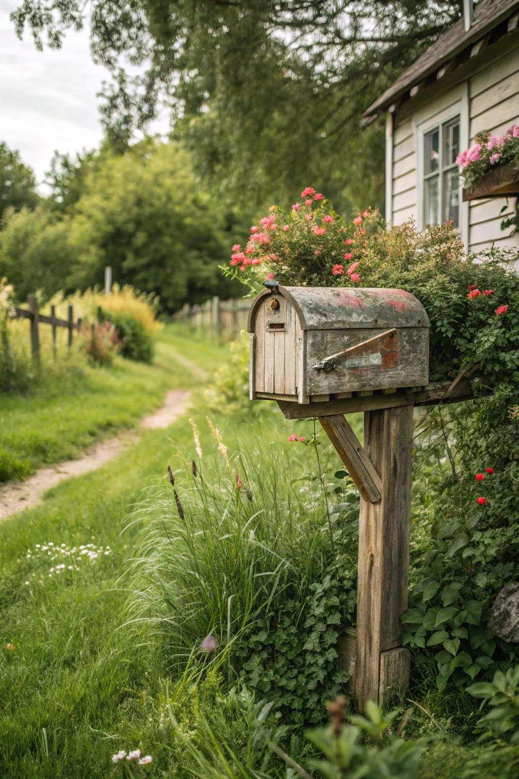 A timeless timber mailbox, beautifully aged, sits amidst vibrant greenery.