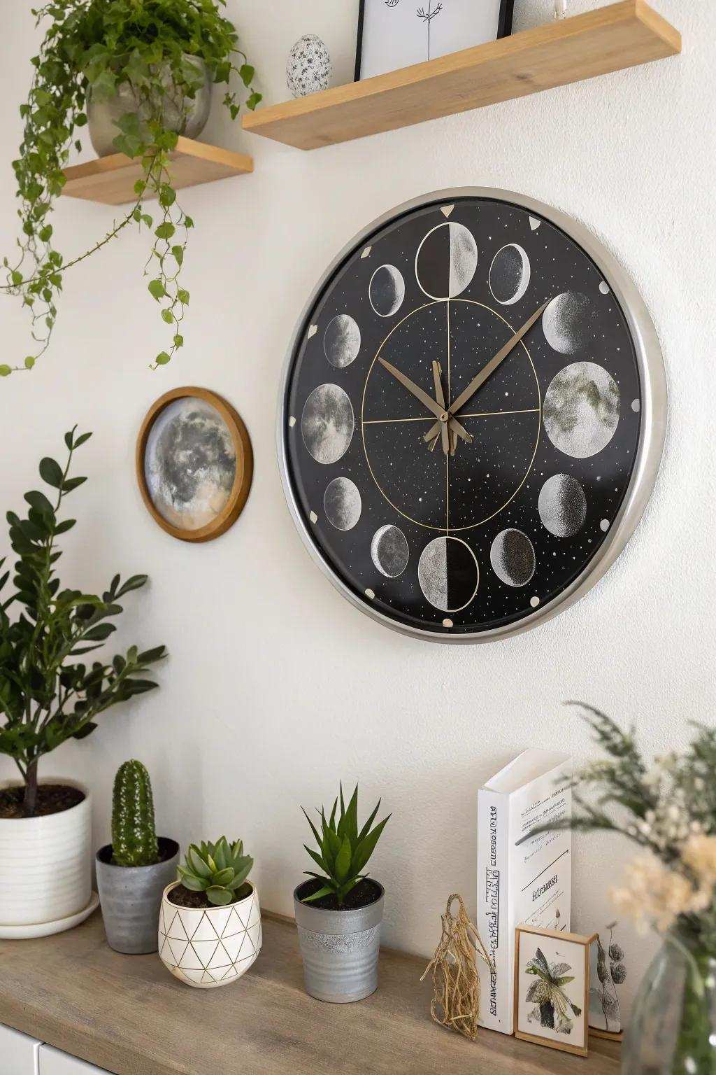 A timepiece featuring a space motif that keeps track of time in cosmic style.