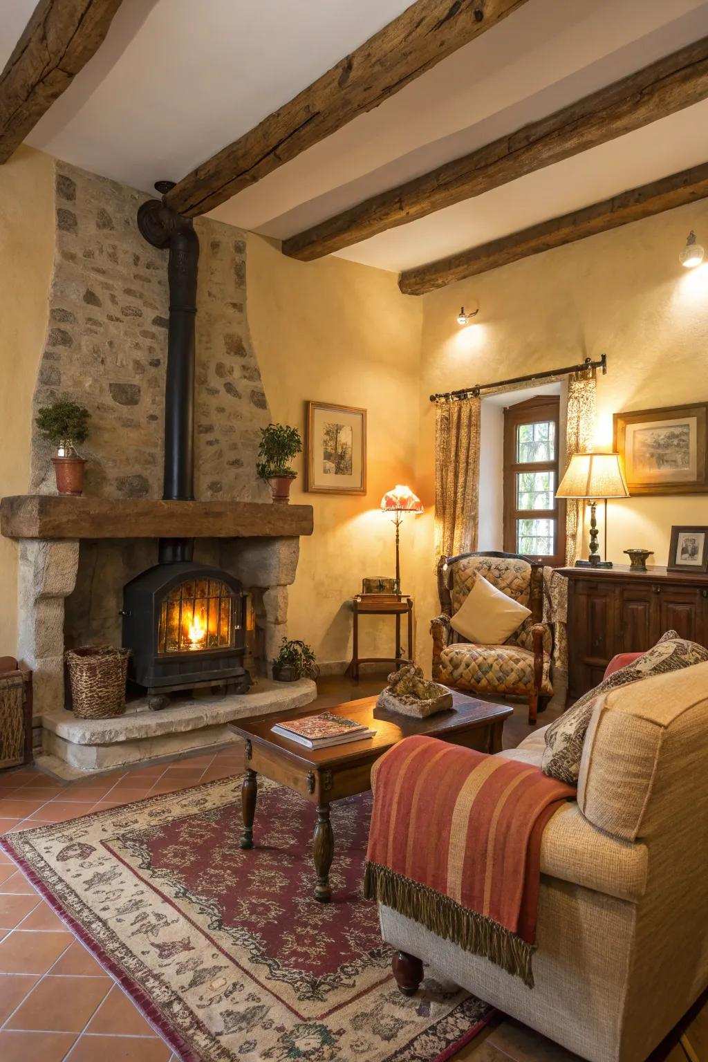 A traditional living room featuring a solid core heater, acting as both a functional and ornamental element.