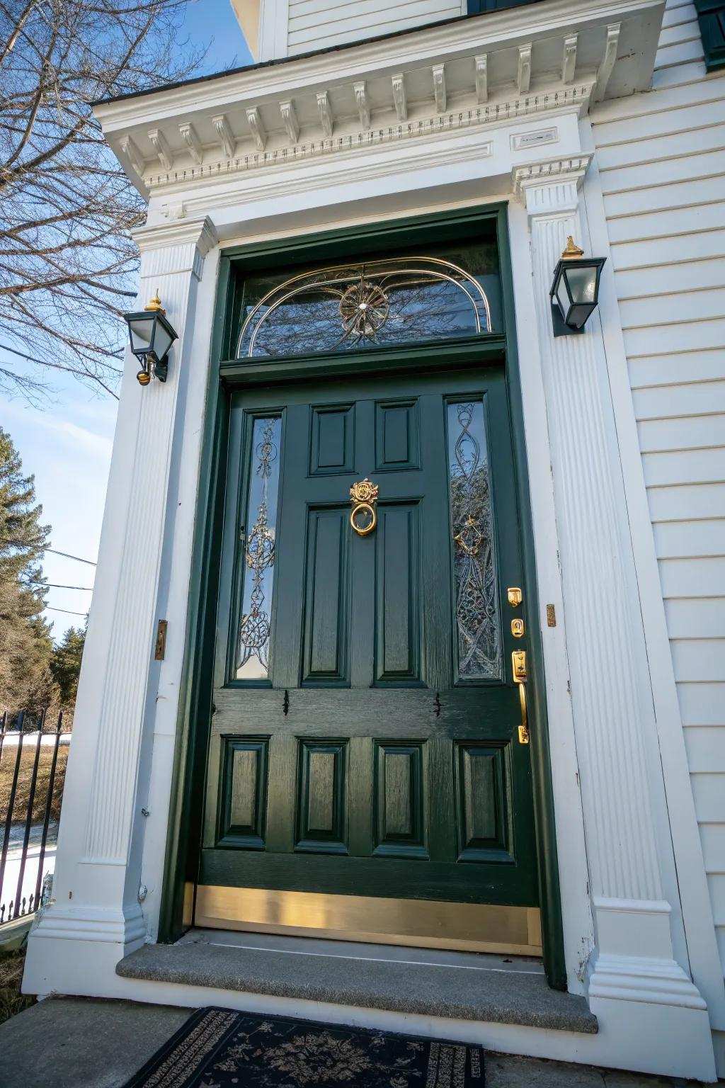 A traditionally paneled entrance finished in dark green, complemented by elegant brass features.