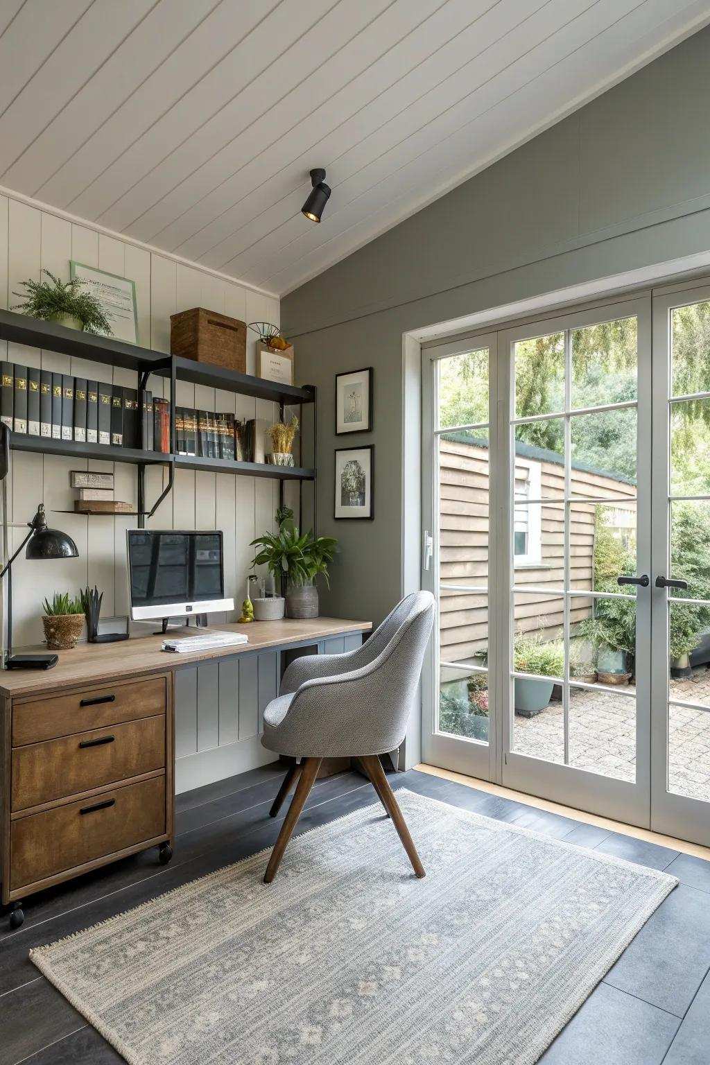 A tranquil home office cleverly situated inside a garage.