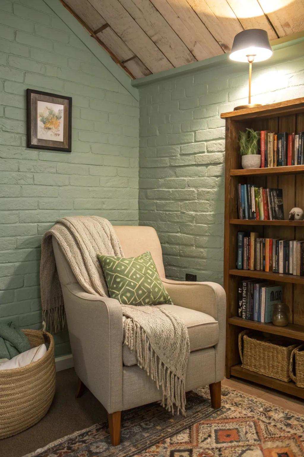 A tranquil reading space highlighted by a soothing sage brick wall.