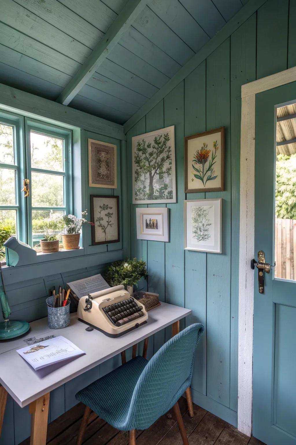 A tranquil writing shed interior with a soothing color palette.
