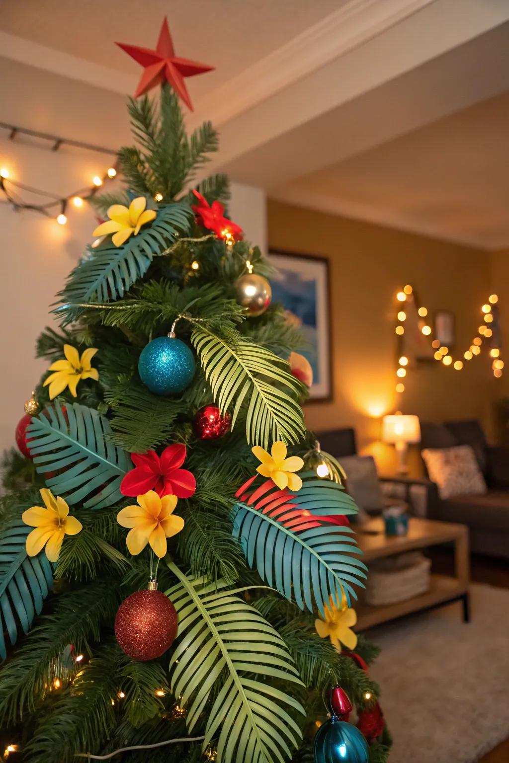 A tropical-themed Christmas tree featuring decorations and palm accents.