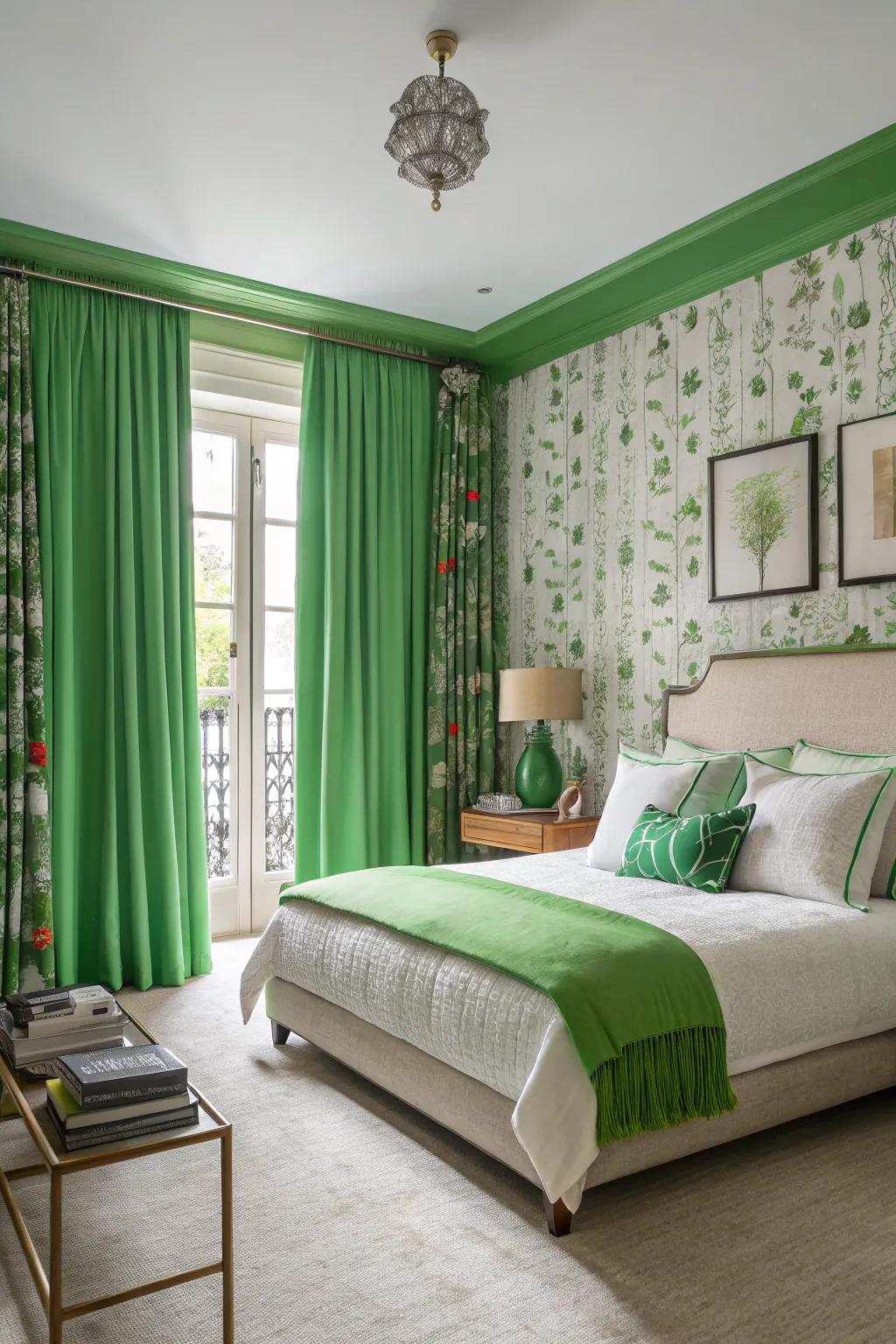 A unique bedroom with unexpected verdant features creating a wow effect.