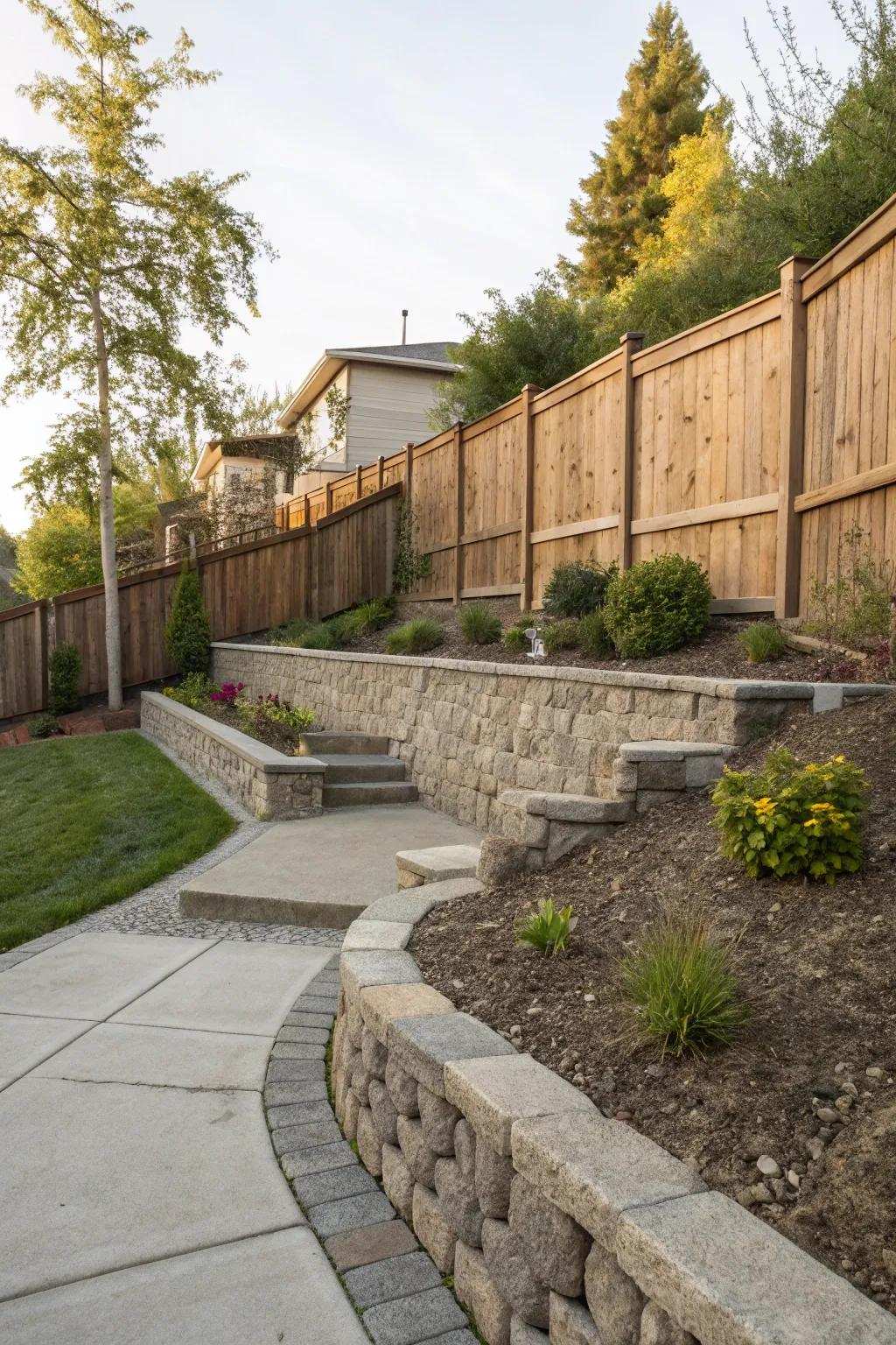 A unique mix of textures in support walls and fencing.