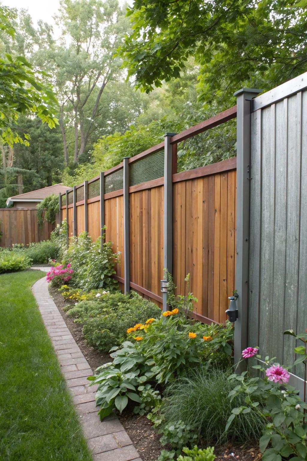 A unique privacy fence employing a combination of timber and metal resources.