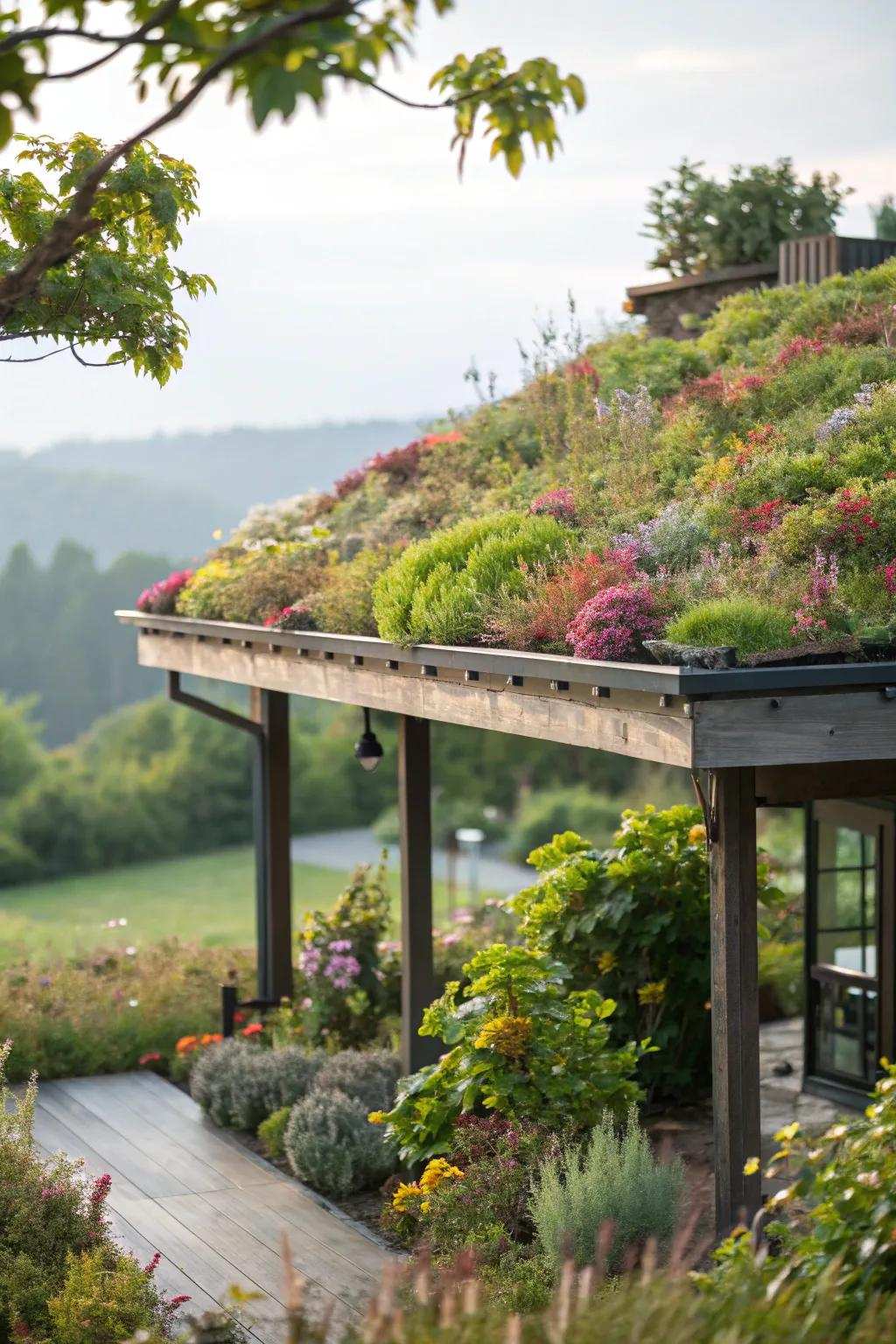 A verdant roof canopy unites beauty with ecological advantages.
