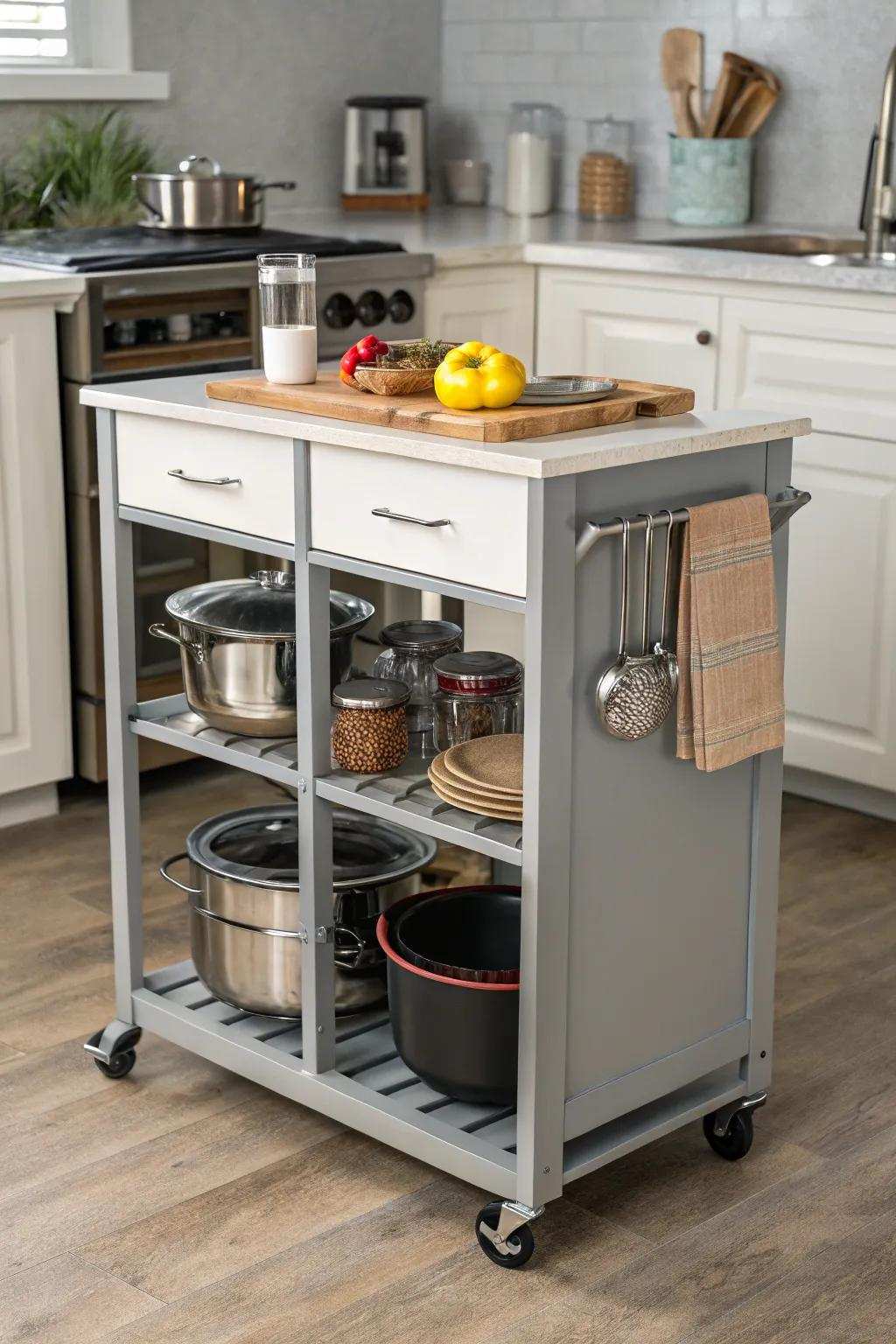 A versatile rolling cart that adds to kitchen functionality.