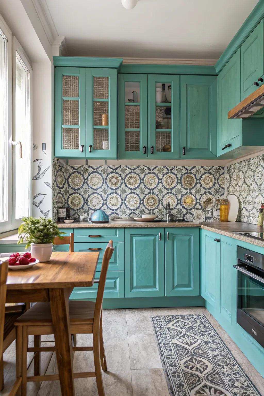 A vibrant backdrop integrating texture into a robin's egg blue-themed culinary space.