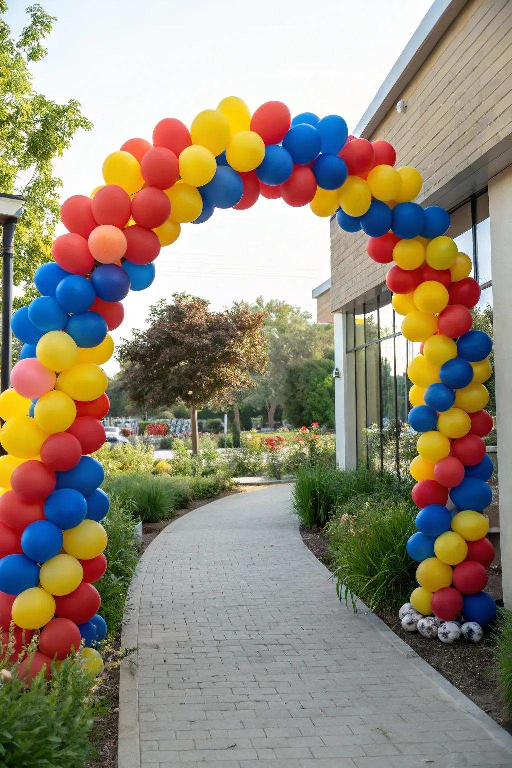 A vibrant balloon arch extends a warm welcome to party guests.