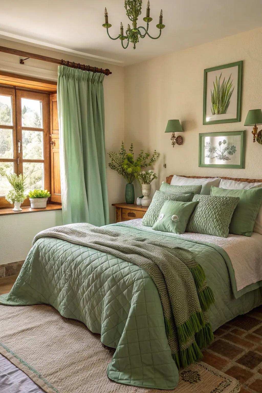 A vibrant bedroom with verdant textiles adding a fresh touch.