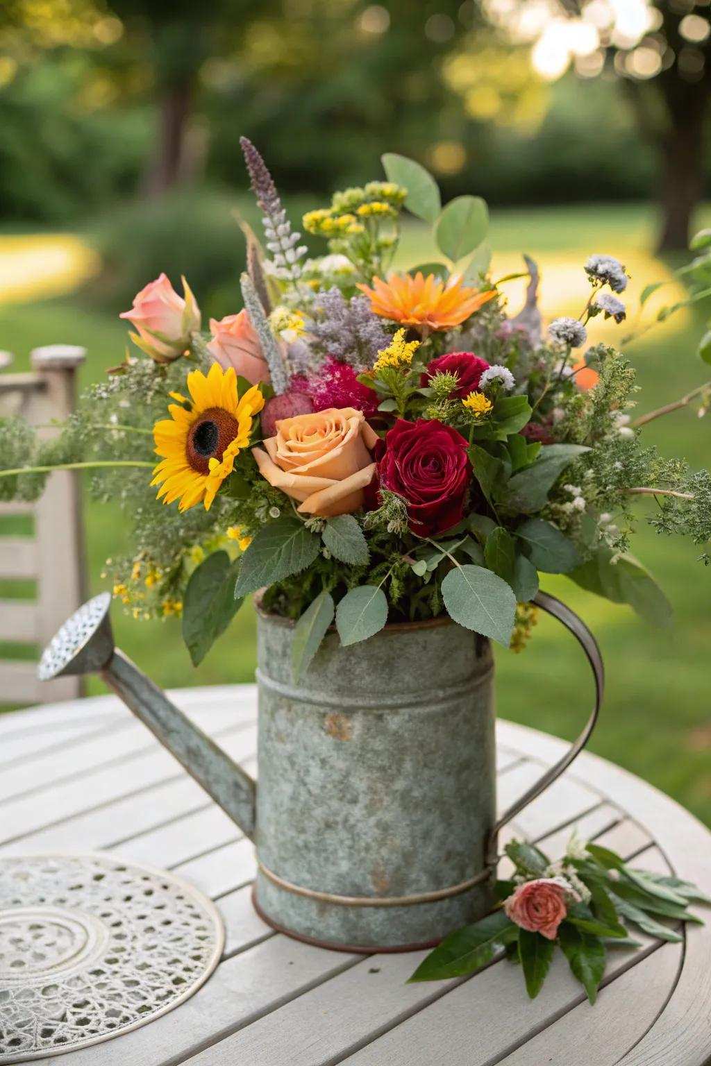 A vibrant combination of roses and garden flowers creating a lively display.