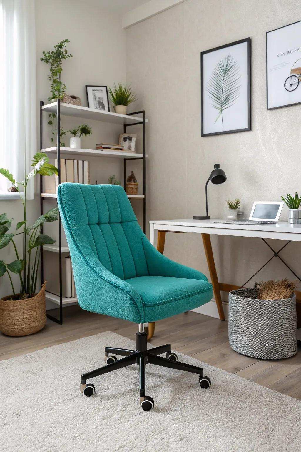 A vibrant cyan chair can transform a neutral workspace into a lively haven.