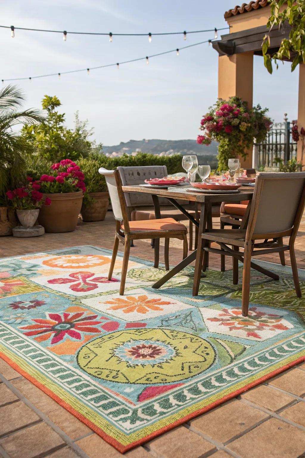A vibrant exterior floor covering enriching the dining zone.